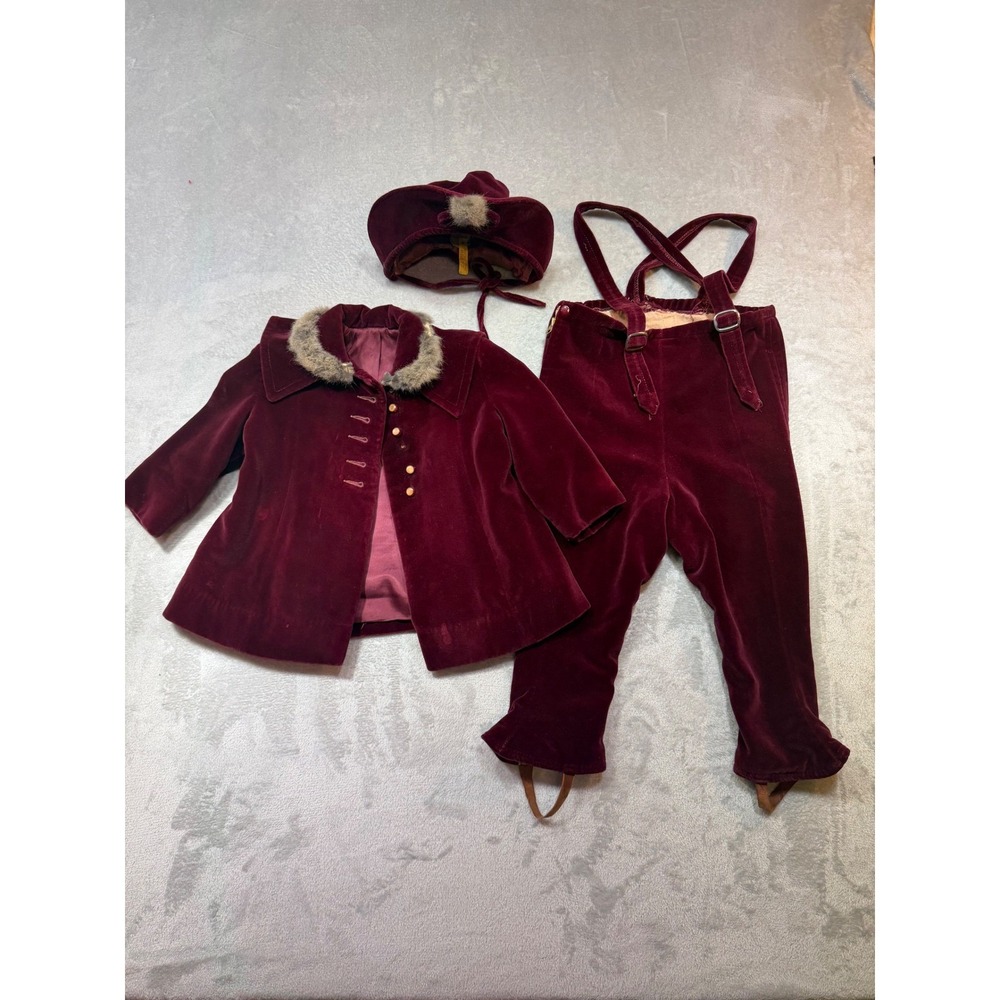 Vintage 1950s Burgundy Velvet Kids 3pc Snowsuit Set Coat Pants Bonnet Fur Trim